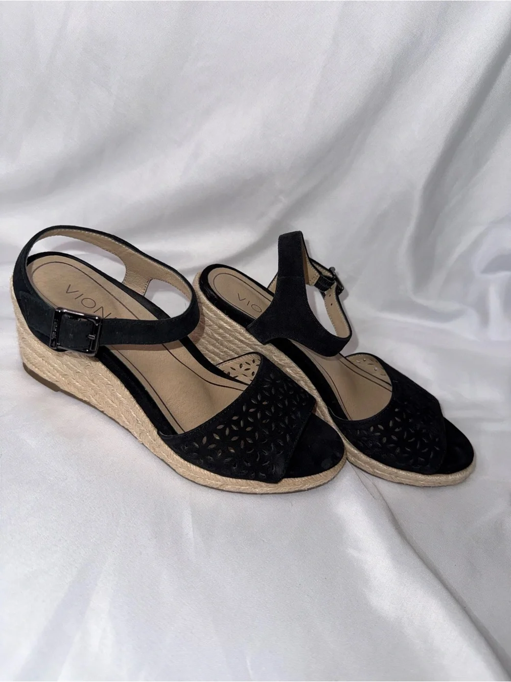 Vionic Black Suede Espadrille Wedge Sandals
